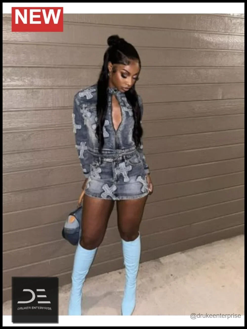 Denim 2 Piece Skirt Set Cropped Jacket Y2K Streetwear